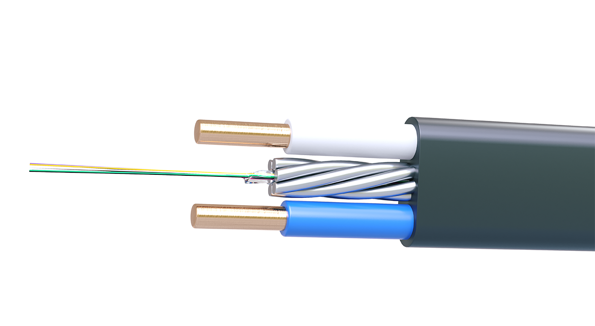 UCLP ОКВК-нг(А)-HF-Д-(4G652D+2x4,0)-3,5-OUT-BK Оптоэлектрический плоский кабель с 4 ОВ G.652D/G.657.A1 на основе бронированного кабеля безмодульной конструкции и 2 медными жилами 4,0 мм². для воздушной прокладки до 3,5 кН, Uncomline