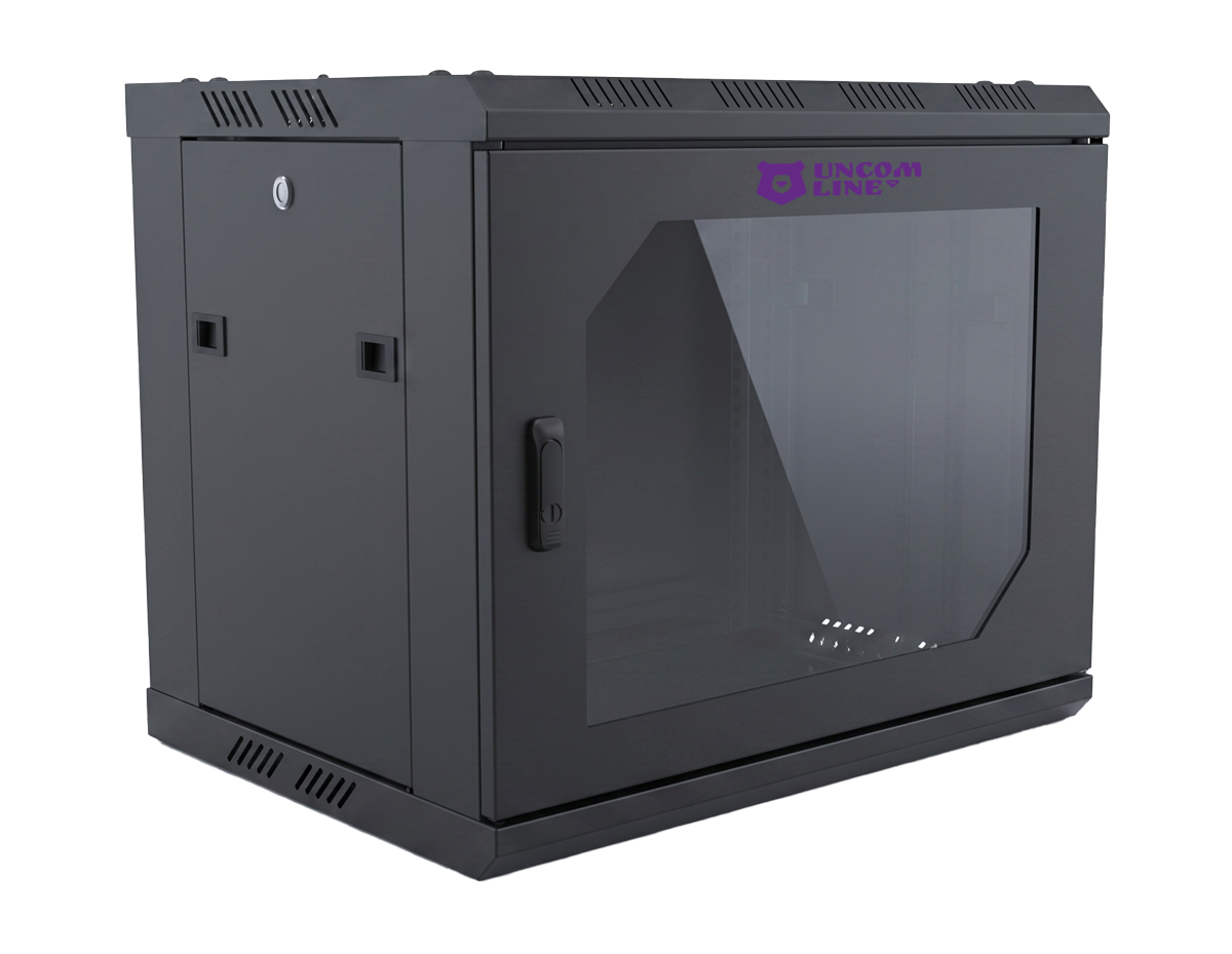 UCL WMC-2264-SG-RAL9005 Шкаф настенный 19″, 22U, 600x450 мм,  стеклянная передняя дверь, черный, Uncomline