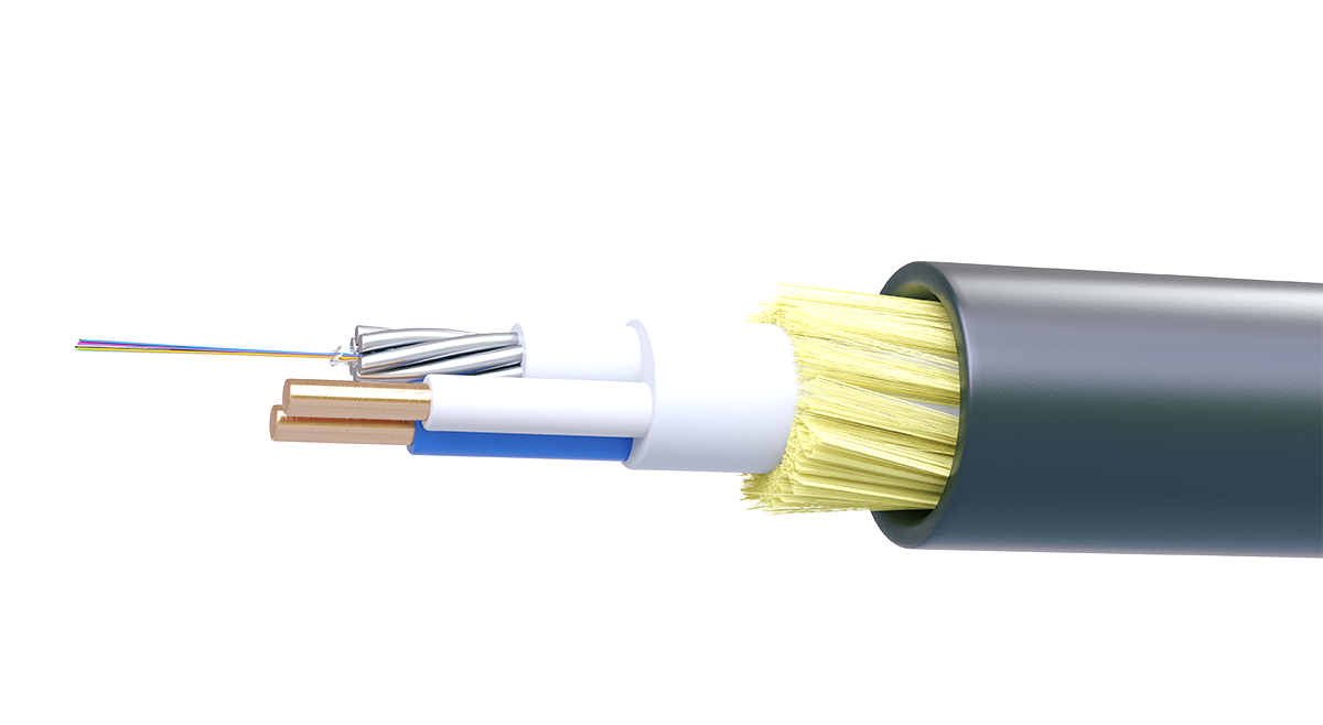 UCLP ОККа-нг(А)-HF-Д-(4G652D+2x2,5)-3,5-OUT-BK Оптоэлектрический кабель с 4 ОВ G.652D/G.657.A1 на основе бронированного кабеля безмодульной конструкции и 2 медными жилами 2,5 мм². Усиленный, для прокладки в грунте, по воздуxу 3,5 кН, Uncomline
