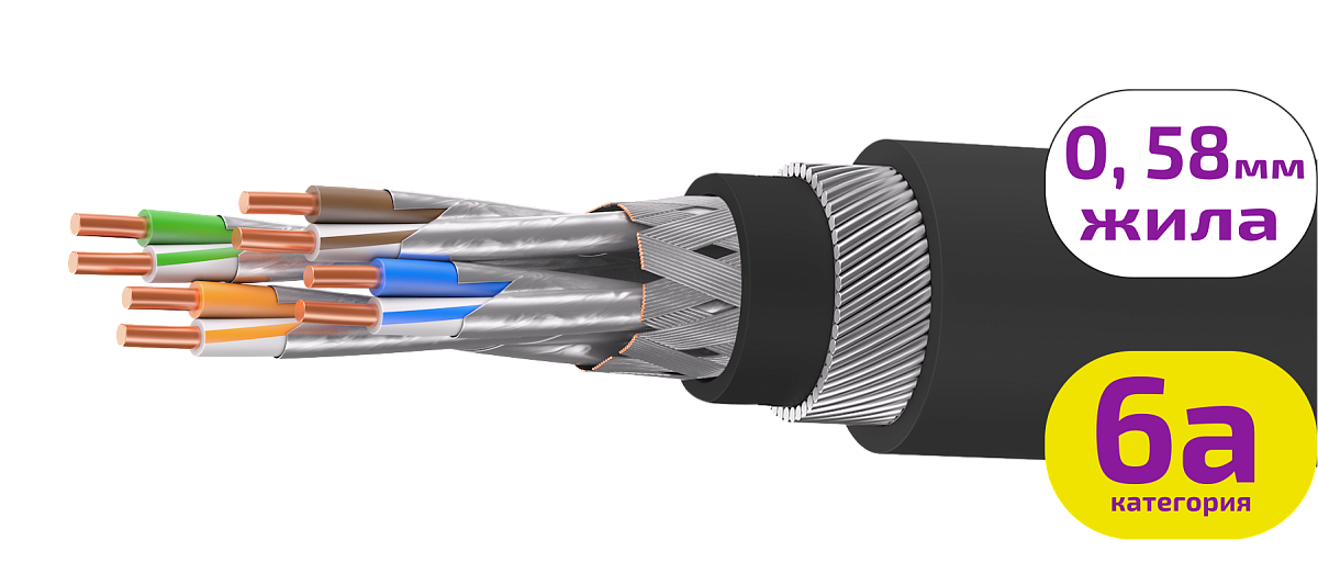 UCLP S/FTP Cat 6A К PVC/PVC 4x2x0,58 BK-OUT-305 Кабель парной скрутки, экран., кат. 6A, 4x2x0,58 мм, PVC/PVC, внеш., бронир., черный, 305 м, Uncomline