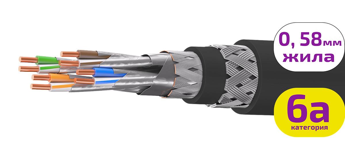 UCLP SF/FTP Cat 6A Ко ZH/ZH нг(А)-HF 4x2x0,58 BK-IN/OUT-305 Кабель парной скрутки, экран., кат. 6A, 4x2x0,58 мм, ZH/ZH нг(А)-HF, внутр./внеш., бронир., черный, 305 м, Uncomline