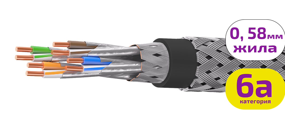 UCLP S/FTP Cat 6A КоГ PUR нг(А)-HF 4x2x0,58 BK-IN/OUT-305 Кабель парной скрутки, экран., кат. 6A, 4x2x0,58 мм, PUR нг(А)-HF, внутр./внеш., бронир., черный, 305 м, Uncomline