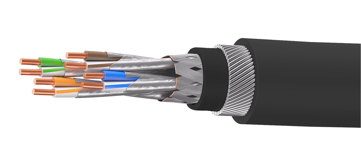 UCLP S/FTP Cat 7 К PUR/PUR 4x2x0,64 BK-OUT-305 Кабель парной скрутки, экран., кат. 7, 4x2x0,64 мм, PUR/PUR, внеш., бронир., черный, 305 м, Uncomline