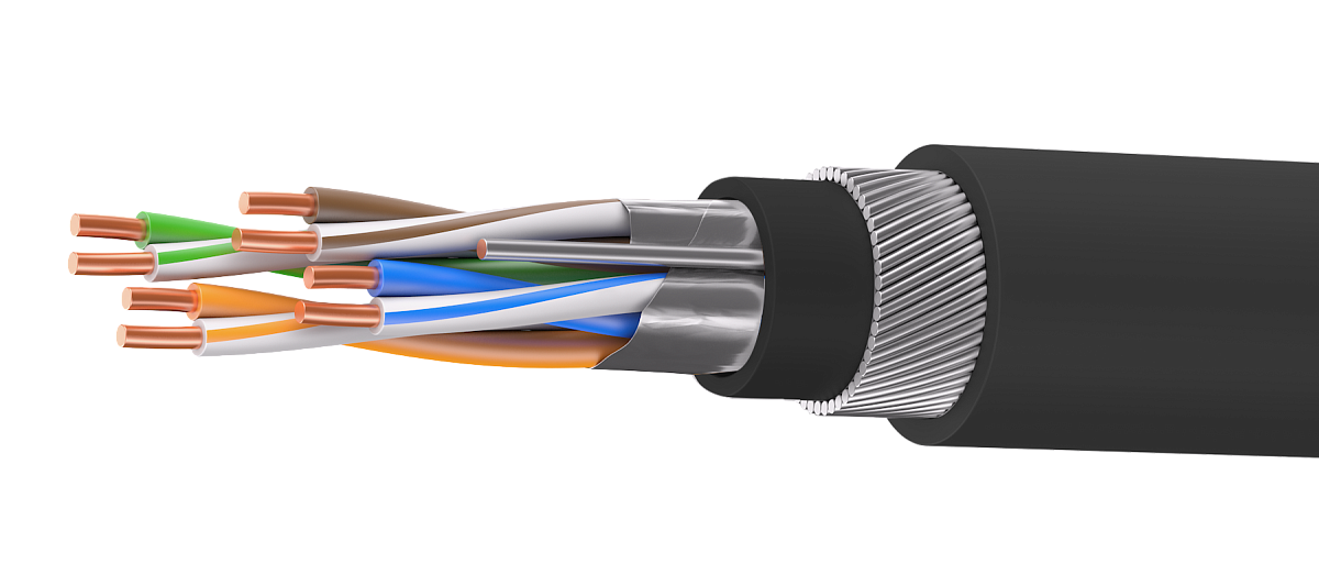 UCLP F/UTP Cat 5e К PVC/PVC нг(А)-LS 4x2x0,52 BK-IN/OUT-305 Кабель парной скрутки, экран., кат. 5e, 4x2x0,52 мм, PVC/PVC нг(А)-LS, внутр./внеш., бронир., черный, 305 м, Uncomline