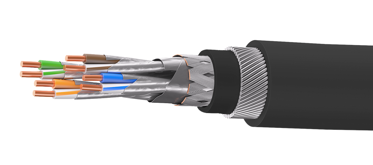 UCLP SF/FTP Cat 7 К PUR/PUR нг(А)-HF 4x2x0,64 BK-IN/OUT-305 Кабель парной скрутки, экран., кат. 7, 4x2x0,64 мм, PUR/PUR нг(А)-HF, внутр./внеш., бронир., черный, 305 м, Uncomline